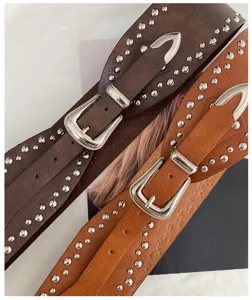 American western style wide rivet leather belt for women, retro fashion waist cincher