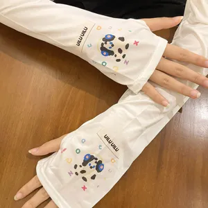 Ice silk sun protection sleeves with cute cartoon dog print, breathable summer arm covers.