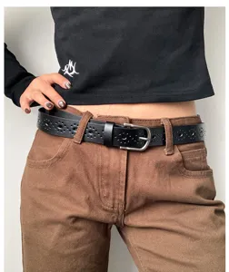 Women black hollow leather belt with pin buckle stylish casual jeans belt accessory fashion