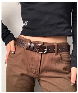 Women hollow pin buckle belt casual fashion PU leather belt detail view brown style