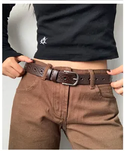 Women's brown hollow leather belt with pin buckle stylish casual daily wear accessory