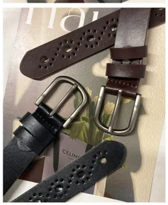 Women's leather belt hollow out pin buckle vintage casual fashion jeans stylish waist belt