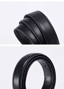 Black leather belt close-up, fine stitching details, minimalist design, elegant accessory.