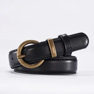 Minimalist women's black leather belt featuring a vintage round pin buckle for casual daily wear.