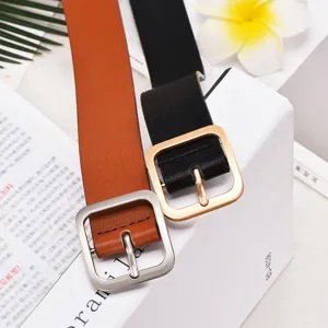 Women vintage casual metal square buckle belt stylish leather waist belt for daily wear