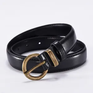 Women black leather belt with antique brass round pin buckle minimalist casual retro waist belt