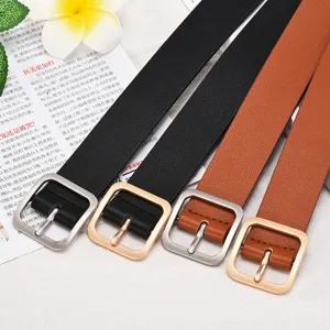 Women vintage casual leather belt square metal buckle set stylish decorative waist belt