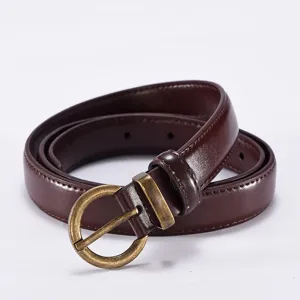 Minimalist dark brown leather women belt with vintage round metal pin buckle casual accessory