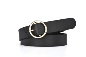 Women casual black leather belt with round gold metal buckle for dresses and daily wear.