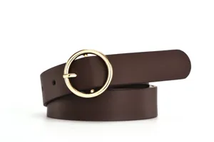 Women's casual leather belt with round gold-tone metal buckle, stylish retro waist accessory.