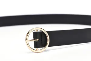 Black leather belt for women with gold round metal pin buckle for casual dress waist band