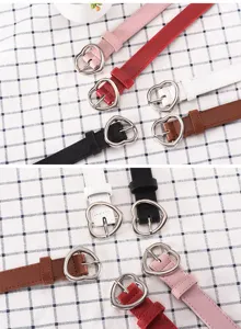 Women's casual PU leather belt with cute heart-shaped metal buckle, multi-color fashion pants belt.