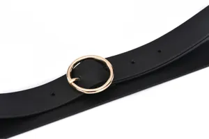 Casual women's black leather belt featuring a stylish gold round metal pin buckle design.