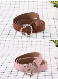 Detailed view of women casual fashion leather belt featuring a cute heart metal pin buckle.