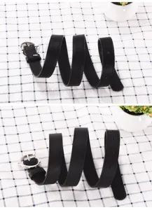 Detail view of a stylish black leather belt with metal buckle, casual design for daily wear.