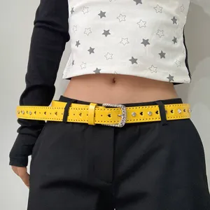 Femme jaune strass ceinture en cuir mode Y2K cœur découpe sangle de taille pour jeans.