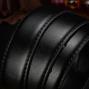 Men's black genuine leather belt strap with double stitching casual business clothing accessory