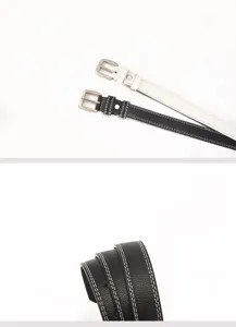 Close-up detail of women's double-stitched PU leather casual belt with classic pin buckle.