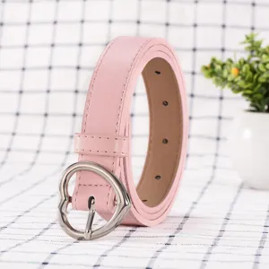 Pink PU leather belt with cute heart-shaped metal buckle, casual women accessory main image.