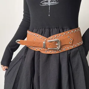 Women wide studded waist belt American western style chunky metal buckle fashion faux leather