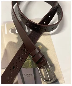 Dark brown women hollow leather belt with pin buckle stylish casual jeans accessory new