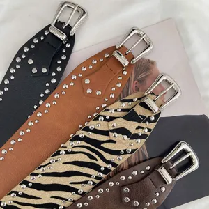 Women western wide metal rivet belt stylish punk waist cincher fashion leather belt