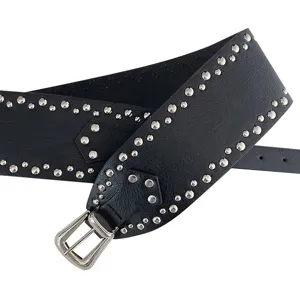 Women wide black leather belt featuring metal studs and western fashion metal buckle.