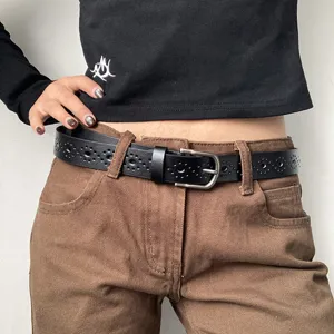 Women casual hollow pin buckle leather belt fashionable punch-free jeans waist belt