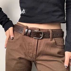 Women hollow out leather belt with pin buckle, stylish casual waist belt for jeans.