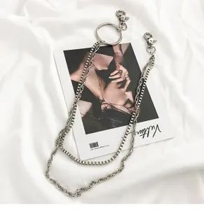 Punk style double layer metal pants chain detail shot with ring and lobster clasps