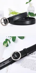 Women black PU leather belt with round retro silver metal buckle for casual daily wear
