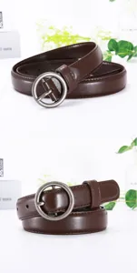 Detail view of a stylish brown women's casual belt with a round metal buckle for daily wear.