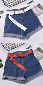 Women denim shorts with double ring buckle canvas belt high waist cuffed shorts casual wear