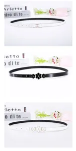Women thin belt with floral and bow metal buckles, elegant narrow waist strap for dress.