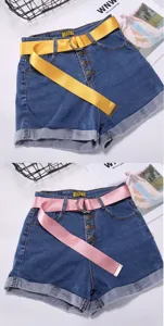 Women denim shorts set featuring double ring buckle canvas belt and high waist buttons.