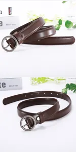 Women casual dark brown leather belt with round vintage metal buckle for daily dress styling