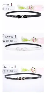 Detail view of stylish women thin belts featuring elegant bow and flower metal buckles.