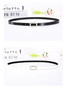 Women's thin dress belt with elegant rhinestone rectangular buckle stylish accessory black white