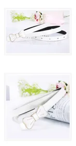 Women white thin waist belt with cute gold bow buckle, stylish PU leather dress waist band.