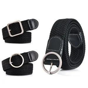 Ceinture Tissée Élastique pour Femmes Ceinture Tressée Extensible Décontractée Avec Boucle Métal Garniture Cuir PU Accessoires Quotidiens