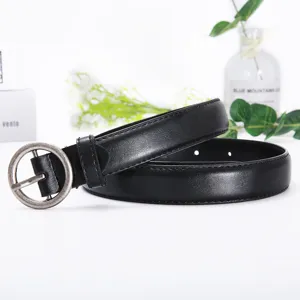 Classic black leather belt for women with stylish round metal buckle for casual wear.