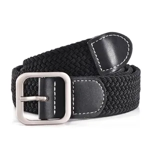 Ceinture tressée extensible noire pour femme avec boucle carrée métal mode jean vue principale