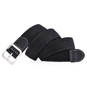 Ceinture élastique tressée noire pour femme avec boucle métallique carrée pour jeans mode casual