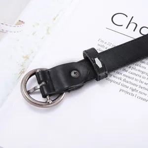 Women casual black leather belt with vintage round metal buckle stylish versatile fashion waist belt