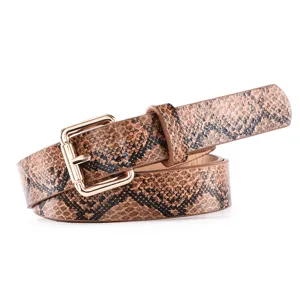 Cintura donna elegante in pelle con stampa serpente e fibbia dorata per jeans