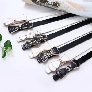Women Fashion PU Leather Thin Waist Belt Elegant Floral Bow Rhinestone Buckle Dress Strap Versatile Decorative Waistband