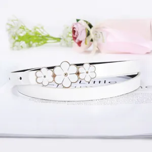 Women white slim waist belt with cute flower metal buckle elegant dress decorative belt