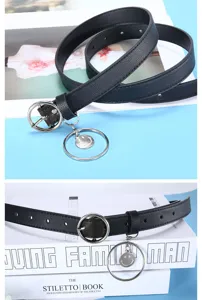 Stylish black women waist belt with metal round buckle and cute smiley face charm.