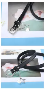 Sleek black thin women's belt featuring a geometric metal buckle and pearl star pendant detail.