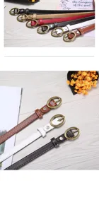 Women's thin leather belt with gold oval pin buckle, stylish casual waist belt for jeans.